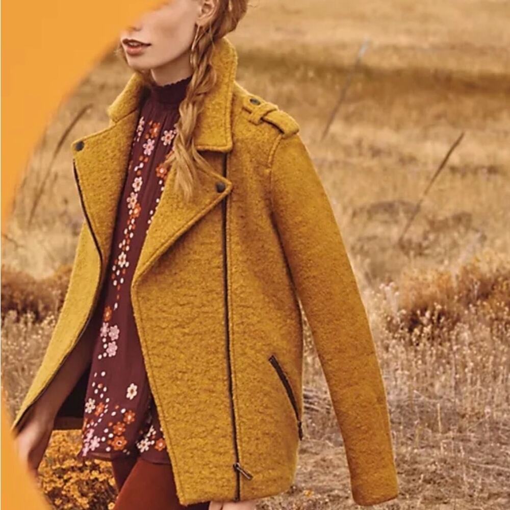 Anthropologie Cartonnier Mustard Wool Blend Moto Jacket Boho Cozy Size Small